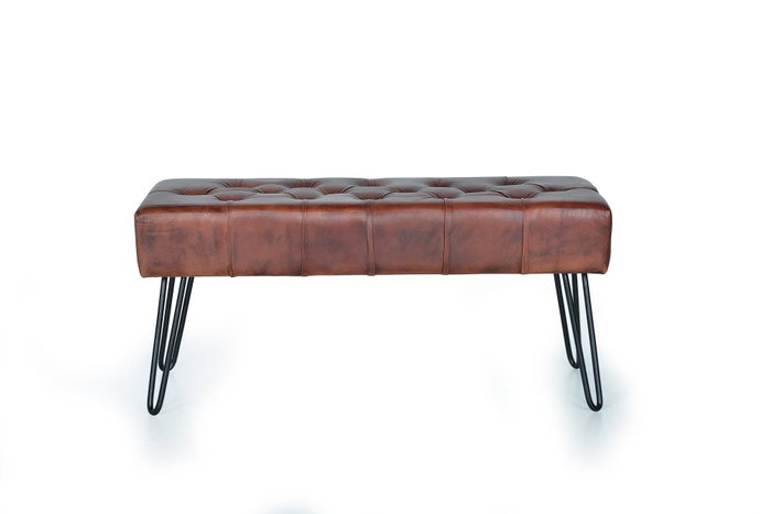 GINER Y COLOMER - Banc / Banquette de cuir avec piétement en métal, marron - Dimensions : 96 cm de large, 44 cm de haut, 40 cm de profondeur